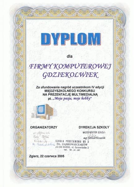 Dyplom i podziękowanie