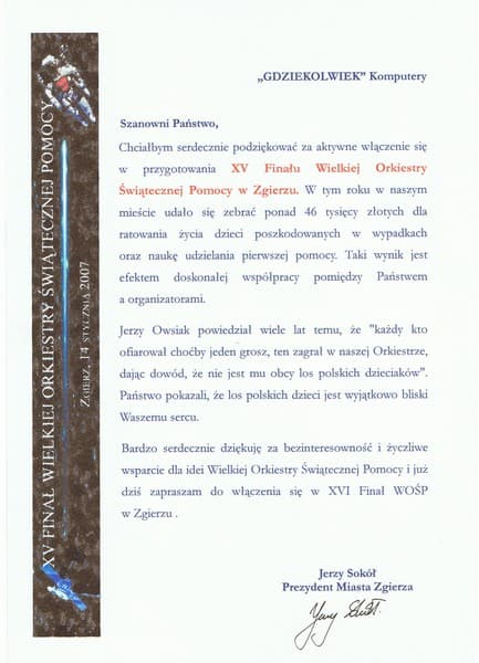 Dyplom i podziękowanie