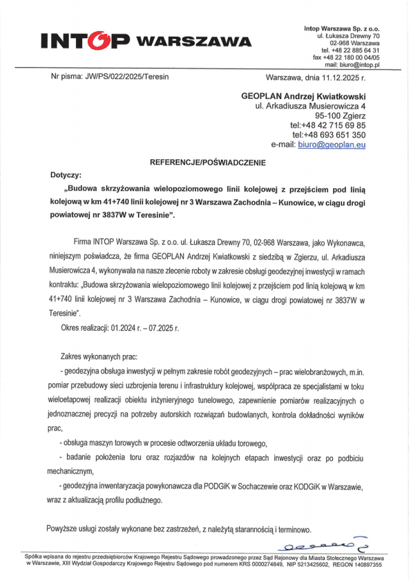 INTOP Warszawa Sp. z o.o. - referencja