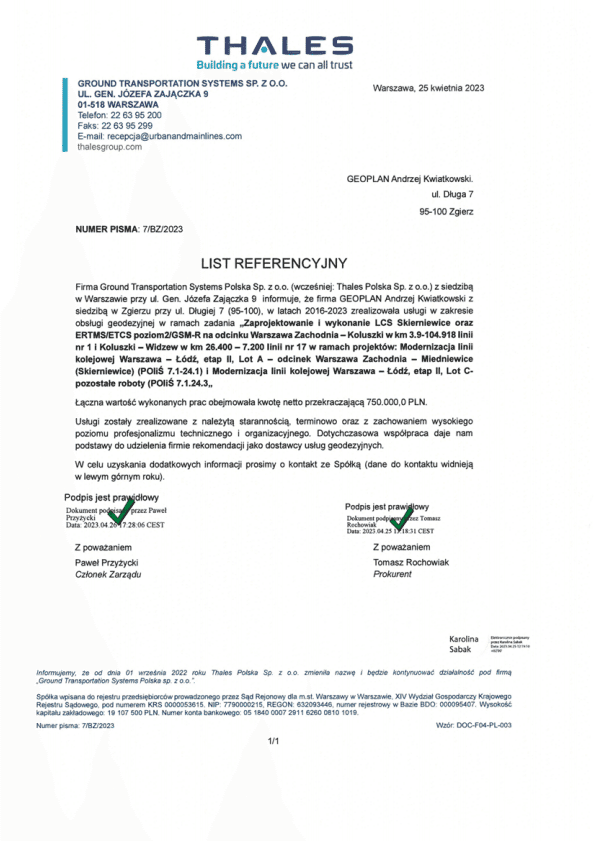 THALES Sp. z o.o. / Ground Transportation System Sp. z o.o. - referencja