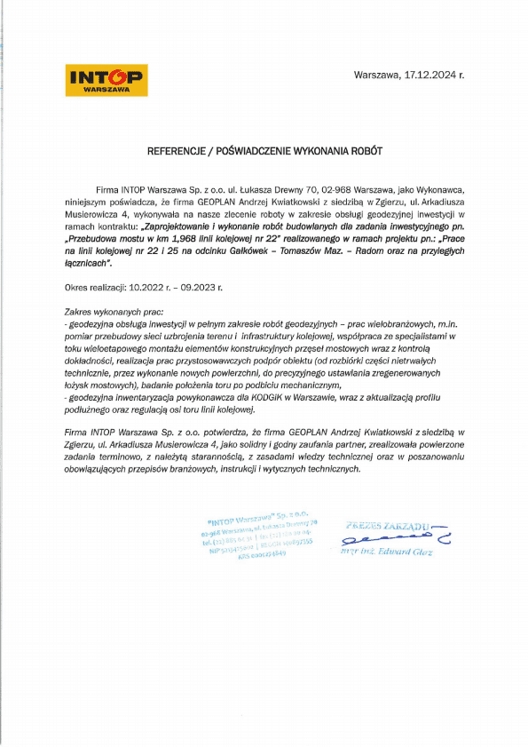 INTOP Warszawa Sp. z o.o. - referencja